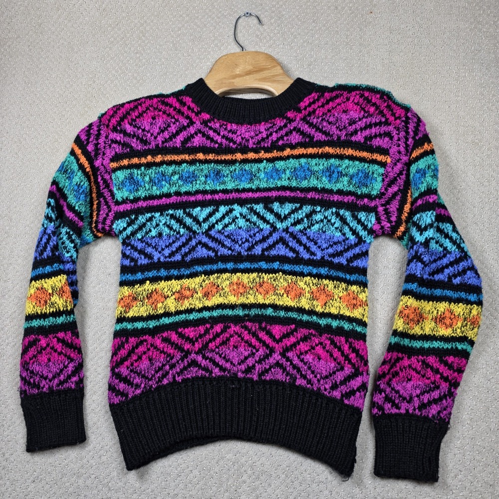 VTG 80s Cristina Sweater Women M Black Neon Aztec Cosby Chunky Knit Shoulder Pad